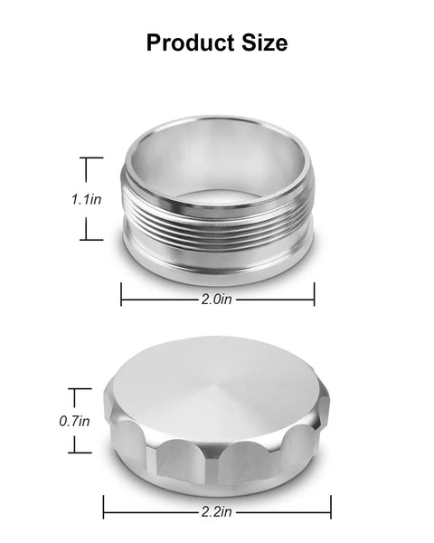 2 Inch Aluminum Alloy Weld On Fuel Cap For Filler Neck 50.8mm Silver with dimensions showing 2.0 and 2.2 inches