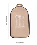 Outdoor Cutlery Portable Set for Camping and Picnics with Secure Pouch. Tan case with utensil graphics, 36x22cm dimensions.
