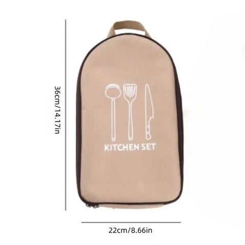 Outdoor Cutlery Portable Set for Camping and Picnics with Secure Pouch. Tan case with utensil graphics, 36x22cm dimensions.
