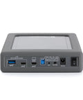 Back view of Kickass Dual Bay USB C Enclosure For Two Point Five Inch SATA Drives with ports for RAID setup.