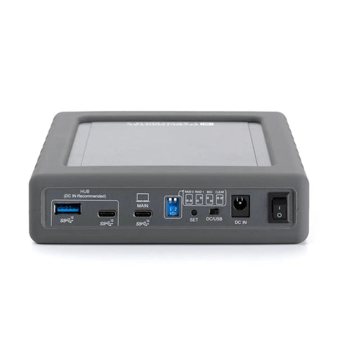 Back view of Kickass Dual Bay USB C Enclosure For Two Point Five Inch SATA Drives with ports for RAID setup.