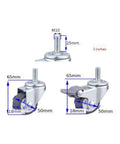 Four Pack Silent TPE Furniture Caster Wheels One Inch Plus Two Inch lightweight gray casters with secure brake lever and dimensions shown.