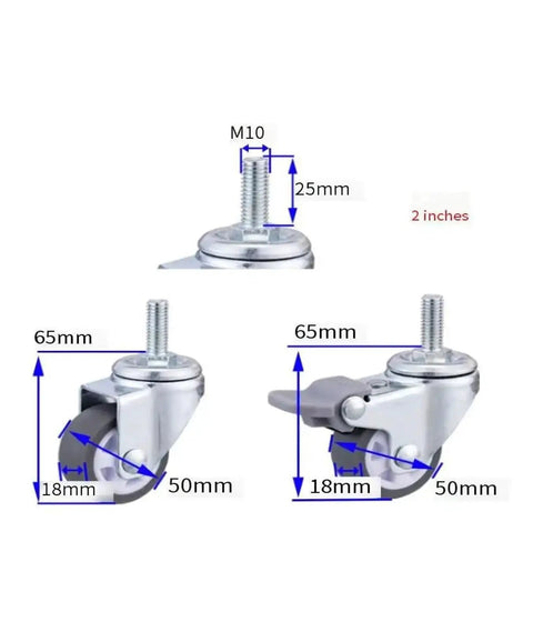 Four Pack Silent TPE Furniture Caster Wheels One Inch Plus Two Inch lightweight gray casters with secure brake lever and dimensions shown.