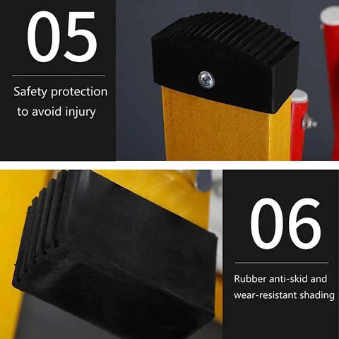 Heavy Duty Retractable Safety Barricade With Mobile Traffic Guardrail And Adjustable Foldable Pet Fence Lock In Outdoor Security For Construction Sites No Sweat Weather Resistance Legit Build Quality. Close-up of rubber anti-skid and wear-resistant shading on barricade.