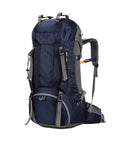 60L Waterproof Hiking Backpack For Camping And Mountaineering, ergonomic straps, large capacity outdoor pack in navy polyester