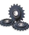 Heavy Duty Glass Reinforced Nylon Idler Sprocket For 50 Ansi Chain With Precision Abec One Bearing shown in three angles.