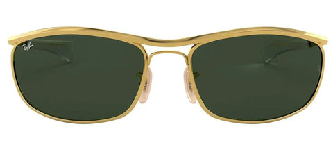 Front view of Olympian I Deluxe Rectangular Sunglasses With Gold Metal Frame And G Fifteen Green Lenses, 62mm Wide, Unisex UV Protection Eyewear.