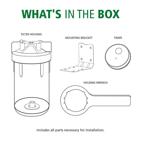 Diagram of Single Stage Whole House Water Filter System For Sediment, Large 4.5 Inch Cartridge accessories included in box