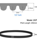 Diagram of 2GT Timing Belt Closed Loop for 3D Printer, 6mm Wide by 250mm Long, 125 Teeth, Reinforced Rubber with Fiberglass