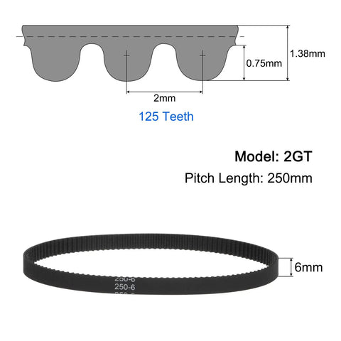 Diagram of 2GT Timing Belt Closed Loop for 3D Printer, 6mm Wide by 250mm Long, 125 Teeth, Reinforced Rubber with Fiberglass