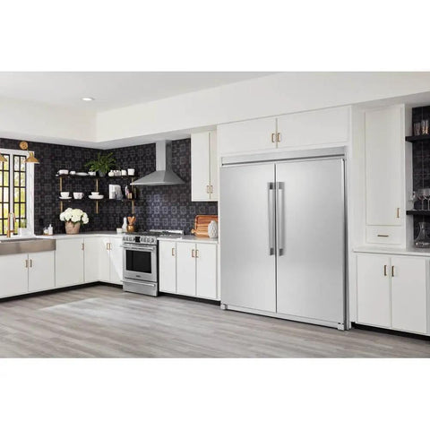 Sleek Smudge Proof Stainless Steel Upright Freezer With 18.9 Cubic Feet Storage And Smooth Glide Out Ice Maker powered by Straight Up Reliable EvenTemp Cooling in modern kitchen.