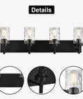 Four Light Modern Farmhouse Vanity Light With Clear Hammered Glass Shades In Black Finish for bathroom or hallway.