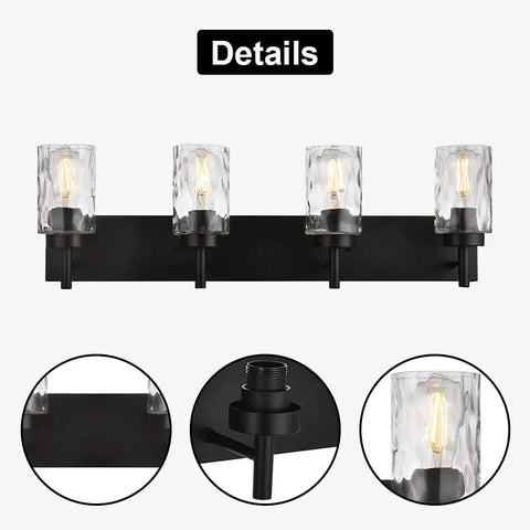 Four Light Modern Farmhouse Vanity Light With Clear Hammered Glass Shades In Black Finish for bathroom or hallway.