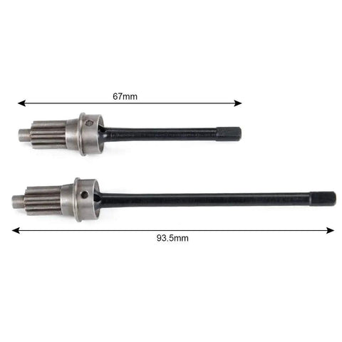 Front CVD Axle Shaft Set With Portal Drive Input Gear For 1 To 10 RC TRX 4, showing left and right steel axles, 67mm and 93.5mm