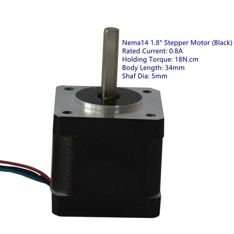 35x35mm Frame Stepper Motor 1.8 Degree Nema 14, 0.8A, 18N.cm Holding Torque, 34mm Length, 5mm Shaft, Great for 3D Printers, CNC Machines, Engraving and Automation, For Makers and DIYers black stepper motor with 5mm shaft