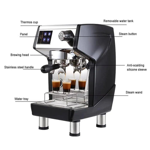 Side view of Commercial Semi Automatic Espresso Machine With Dual Boiler System 550Ml Extraction Boiler And 1L Steam Boiler 1.7L Water Tank Black
