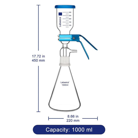 Vacuum Filtration Set With Borosilicate Glass Filter Flask 1000 Milliliters, 10 Micron Sand Core Filter Plate, And 300 Milliliters Graduated Beaker For General Filtration And Precise Vacuum Filtration In The Lab, side view showing dimensions