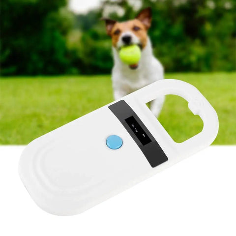 134.2KHz RFID Microchip Reader for Animals with 0.91 Inch OLED Display and USB Type C for pet tracking against blurred dog background.