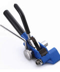 Stainless Steel Banding Tool For Strapping Tensioner And Crimping Cutter, blue and black hand guided tool for cable ties and fastening gear.