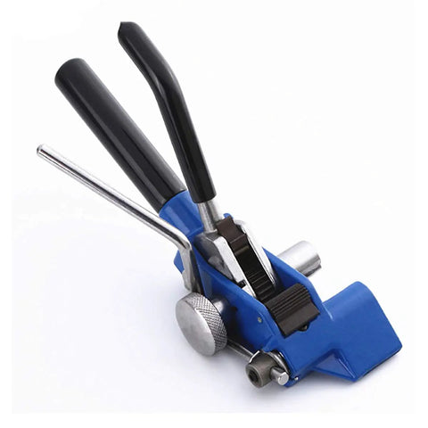 Stainless Steel Banding Tool For Strapping Tensioner And Crimping Cutter, blue and black hand guided tool for cable ties and fastening gear.