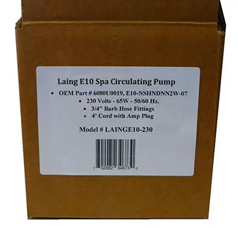 Premium Spa Circulating Pump 3/4 Inch Barb 230 Volt display on box detailing OEM part 6080U0019 and specifications.