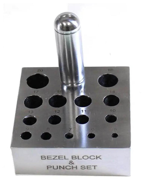 Heavy Duty Bezel Block And Punch Set For Soft Metal Sheets, 4x4x1.5 Inch Frame, showing holes for 5 to 20mm punch sizes