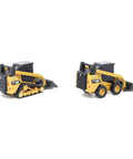 Two yellow 1/64 scale loaders, one skid steer with tires and one track loader, showing working arms, diecast metal build, realistic detail.