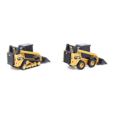 Two yellow 1/64 scale loaders, one skid steer with tires and one track loader, showing working arms, diecast metal build, realistic detail.