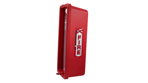 Rock Solid Red Fire Extinguisher Cabinet For 5 Lb Boxes outdoor surface mount, weather resistant steel holder.  Side view.