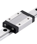 Close-up of 500mm MGN12 Linear Rail Guide with MGN12H stainless steel carriage block for DIY 3D printers and machines.