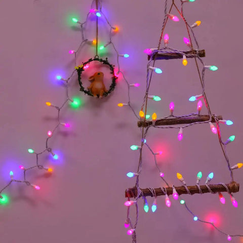 Easter LED String Lights 50 Count Glass C3 Bulbs Multi Color Pastel 120V End To End Connectable UL ETL Certified IP44 Outdoor White Wire