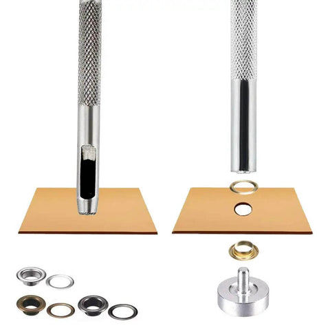 All In One Leather Grommet Kit 6mm Quarter Inch With 200 Eyelets in gold, black, silver, bronze, showing tools and base for crafts DIYers.