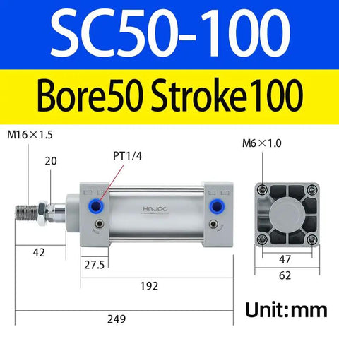 Diagram of Heavy Duty Aluminum Pneumatic Cylinder For Industrial Automation With Magnetic Double Acting Action, 2 Inch Bore And 4 Inch Stroke, PT1/4 Port, SC50X100 measurements