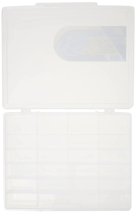 No Fuss Grab And Go Portable Organizer With 24 Fixed Compartments And ProLatch Locking System For Small Tools Hardware Crafts Buttons Findings Clear Impact Resistant Heavy Duty Case open with compartments visible.