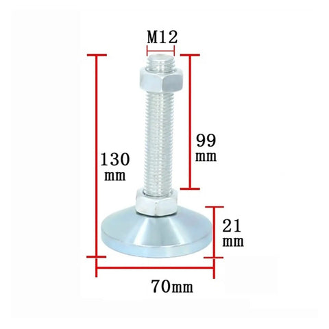2pcs M12 Adjustable Leveling Feet Heavy Duty Carbon Steel Furniture Legs showing dimensions, thick base for stability on uneven surfaces.