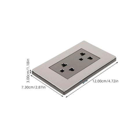 Heavy Duty Wall Outlet Socket With Brushed Stainless Steel Faceplate Dual Usb Charging Ports six hole receptacle close-up view dimensions