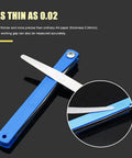 Top Shelf Feeler Gauge Set With Rock Solid Stainless Steel Blades For Nailing Dead Accurate Gap Measurements And Tappet Valve Adjustments On Every Hardcore Hobbyist Or Weekend Mechanic Garage Project, showing thin stainless steel blades and blue handle.