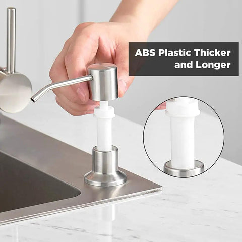Stainless Steel Built In Kitchen Soap Dispenser With Brushed Nickel Finish Top Refill Design Large Thirteen Point Five Ounce Bottle