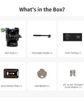 Box contents for Fluid Tripod Head TH10 for Seestar Telescope in Equatorial Mode, including main body, handle, and accessories.