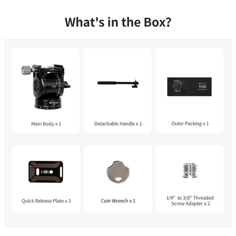 Box contents for Fluid Tripod Head TH10 for Seestar Telescope in Equatorial Mode, including main body, handle, and accessories.