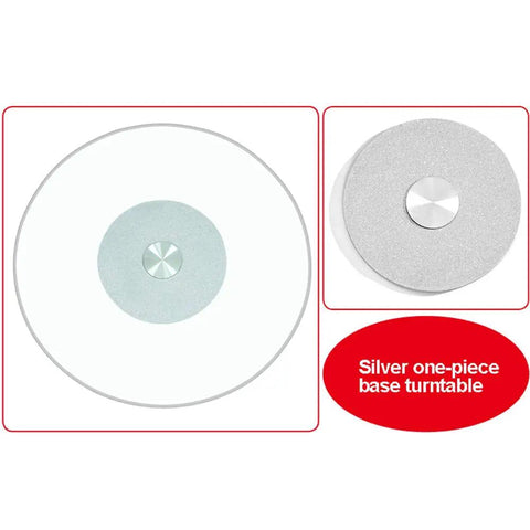 Top view of Heavy Duty 80cm Lazy Susan Turntable With Tempered Glass Top Silent Bearing Rotating Tray, showing silver base