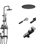CUTPOIY 4 Functions Exposed Shower System Shower Fixtures Shower Faucets Sets 8 Inch Wall Mount Exposed Shower System, Round-8 inches in black with shower head and handheld units.