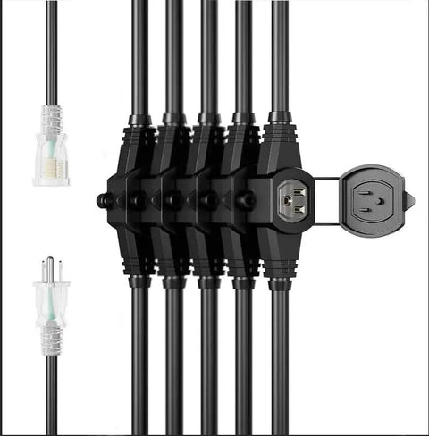 Heavy Duty 30 Foot Extension Cord With Six Weatherproof Sockets for outdoor use with plugs and connectors.