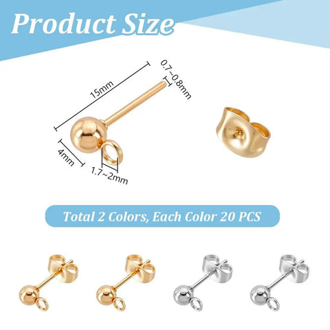 304 Stainless Steel Earring Posts 20 Pairs Flat Back Stud Posts With Loop Ball Ear Pins And Butterfly Backs For DIY Jewelry Making Size About 16Mm Long 7Mm Wide 2Mm Hole, gold and silver set with measurements