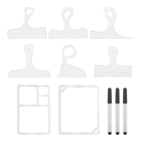 Premium Thick Acrylic Router Template Kit featuring six charcuterie handles and two tray gauges with pens for DIY wood finishes.