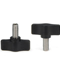 Four Piece Pack Of One Quarter Twenty By Half Inch Thumb Screws With Slick Black Aluminum Knobs And Rust Proof Stainless Steel Coarse Threads Built For Easy Install. Black aluminum knobs with stainless steel threads.