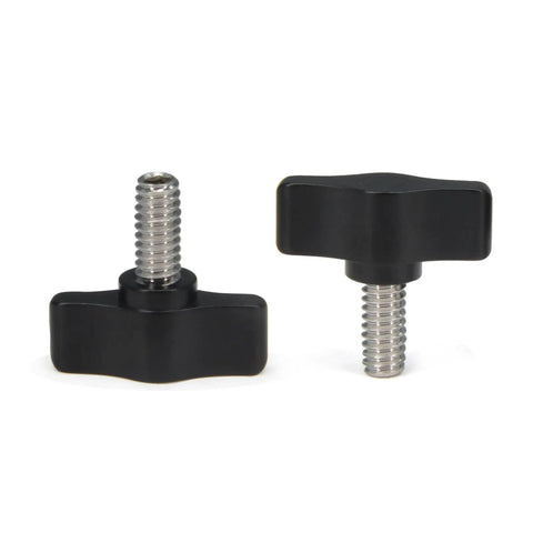 Four Piece Pack Of One Quarter Twenty By Half Inch Thumb Screws With Slick Black Aluminum Knobs And Rust Proof Stainless Steel Coarse Threads Built For Easy Install. Black aluminum knobs with stainless steel threads.