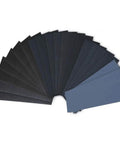Auto Body Sanding Kit With 28 Pcs Wet Dry Sandpaper Pack, Grit Range 120 To 3000, 9 By 3.6 Inch Sheets fanned out in display.