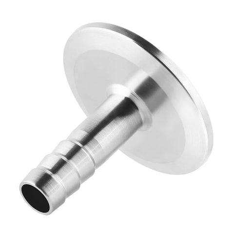 Metaland stainless steel 1.5" tri-clamp to 3/8" barb sanitary adapter, close-up view