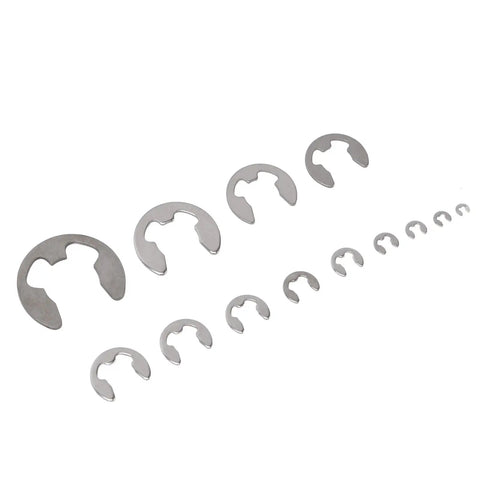 Various sizes of stainless steel E clips from 400 Pieces Stainless Steel E Clip Retaining Assortment Kit With Sizes From 1.5mm To 15mm